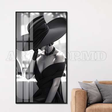 Poster - The girl with the black and white hat, 45 x 90 см, Framed poster on glass, Glamour