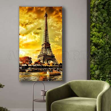 Poster - Apusul auriu si Turnul Eiffel, 30 x 60 см, Poster înrămat, Orașe și Hărți