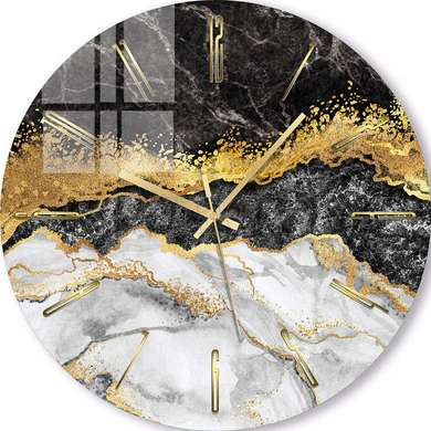 Ceas din sticlă - Marmură neagră cu elemente aurii, 30cm