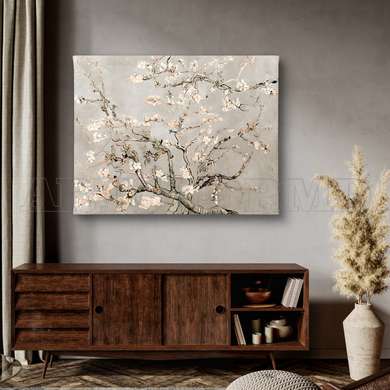 Poster - Blooming Almond Branches on beige background, 45 x 30 см, Canvas on frame, Picturi