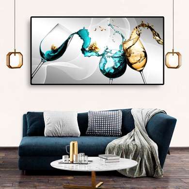 Poster - Glamorous glasses with drinks, 90 x 45 см, Framed poster on glass