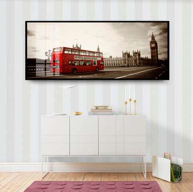 Постер - Ретро фото красным автобусом в Лондоне, 150 x 50 см, Постер на Стекле в раме