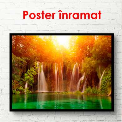 Poster - Cascada frumoasă în lumina soarelui, 90 x 60 см, Poster înrămat, Natură
