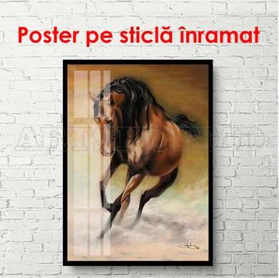 Постер, Бегущий коричневый конь, 60 x 90 см, Постер в раме, Животные