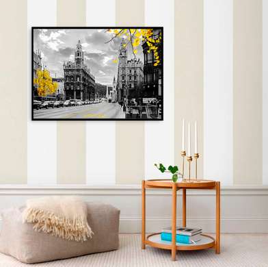 Постер - Старинный город с желтыми листьями, 45 x 30 см, Холст на подрамнике, Города и Карты