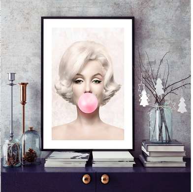 Poster - Marilyn Monroe gumă cu bule roz, 60 x 90 см, Poster inramat pe sticla