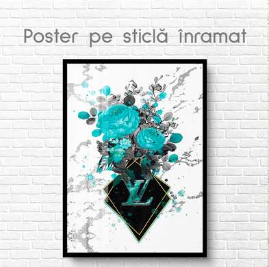 Poster - Glamorous Turquoise Flowers, 60 x 90 см, Framed poster on glass, Glamour
