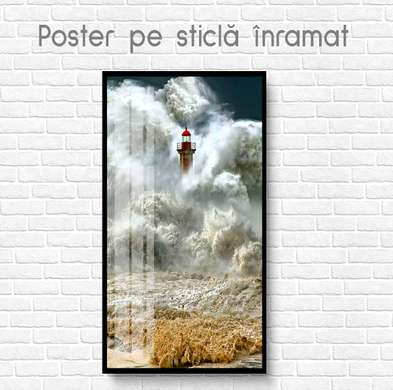 Постер - Маяк и бушующее море, 45 x 90 см, Постер на Стекле в раме