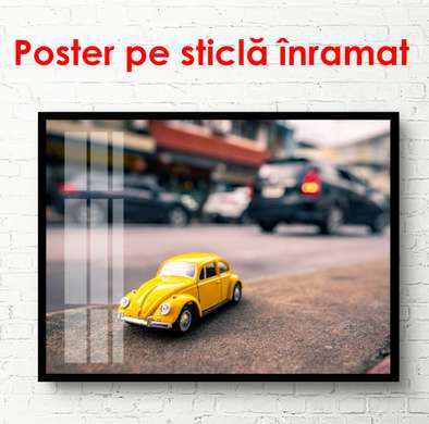 Poster - Small yellow car on the background of a huge city, 90 x 60 см, Framed poster, Transport