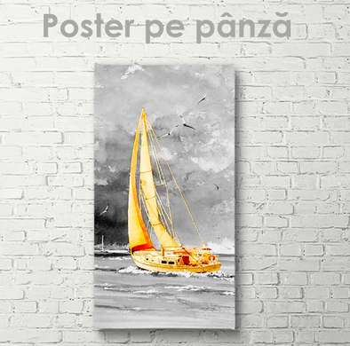 Постер - Золотая парусная яхта, 30 x 90 см, Холст на подрамнике, Транспорт