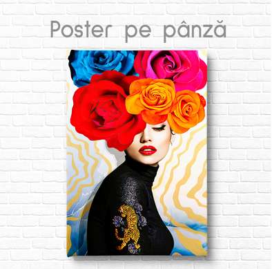 Poster - Doamna cu flori colorate, 60 x 90 см, Poster inramat pe sticla