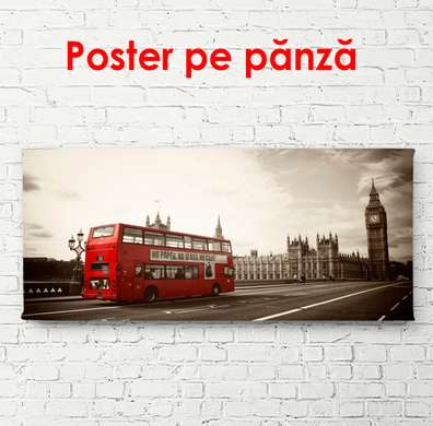 Постер - Ретро фото красным автобусом в Лондоне, 150 x 50 см, Постер на Стекле в раме