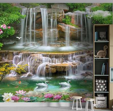 Wall mural - The rocky waterfall, the birds and lotus flowers