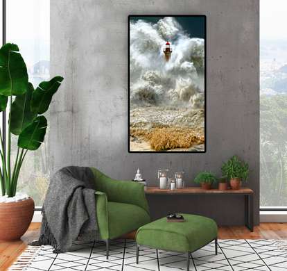 Постер - Маяк и бушующее море, 45 x 90 см, Постер на Стекле в раме