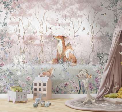 Wall Mural - The fox family in the pink forest