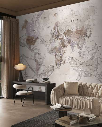 Wall mural - World map with whales in shades of brown beige