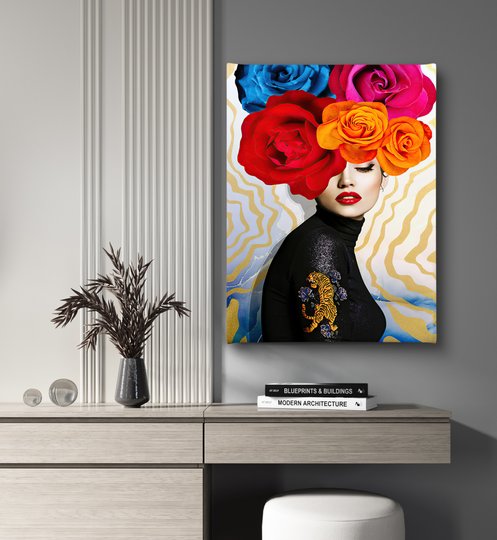 Poster, Doamna cu flori colorate, 30 x 45 см, Panza pe cadru
