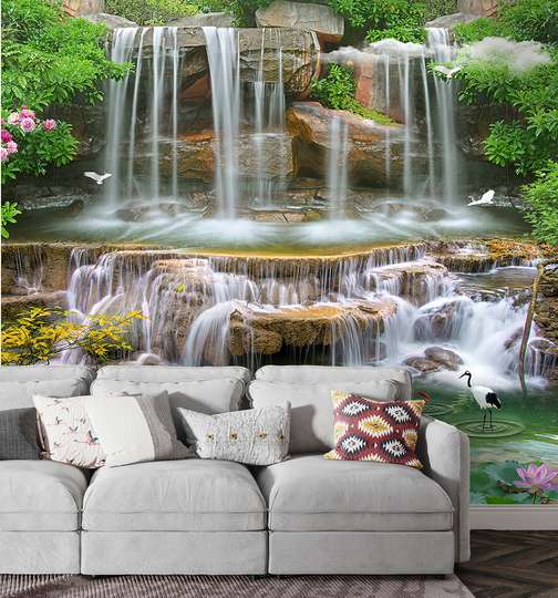 Wall mural - The rocky waterfall, the birds and lotus flowers