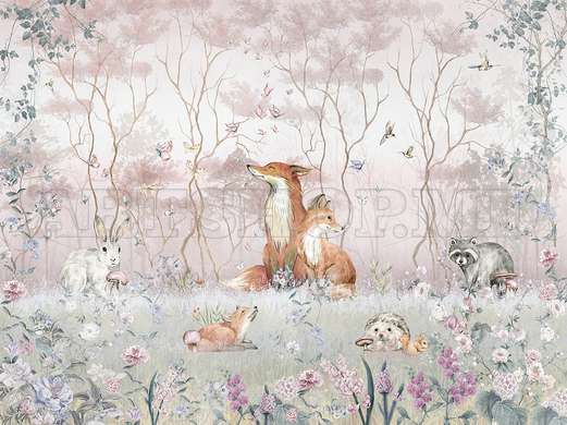 Wall Mural - The fox family in the pink forest