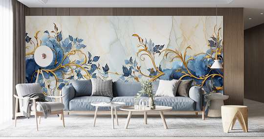 Wall mural - Golden leaves on gray abstract background