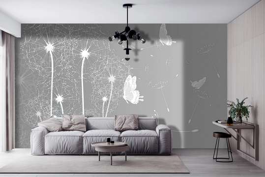 Wall Mural - Dandelions and butterflies on a gray background