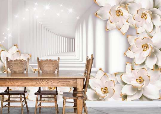 3D Wallpaper - White flowers with golden elements on the wall of white walls