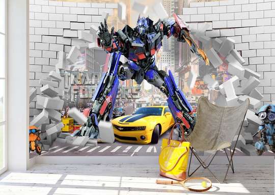 Fototapet - Un robot albastru și o mașină galbenă