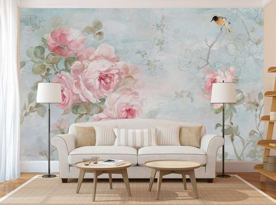 Wall Mural - Pink flowers on a blue background