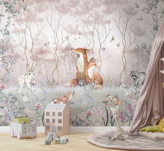 Wall Mural - The fox family in the pink forest
