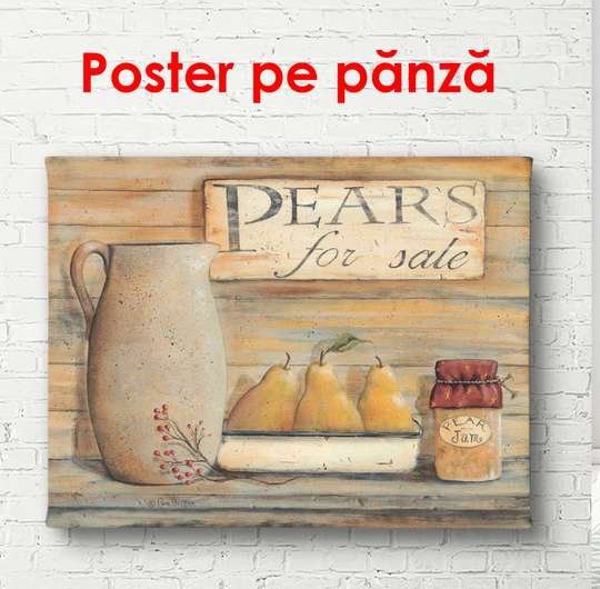 Постер - Груши с кувшином на столе, 90 x 60 см, Постер в раме