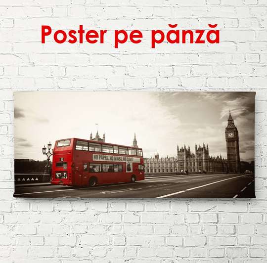 Poster, Fotografia retro a unui autobuz roșu din Londra, 150 x 50 см, Poster înrămat