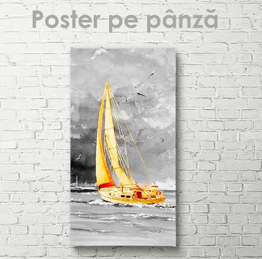 Poster - Golden sailing yacht, 30 x 90 см, Canvas on frame