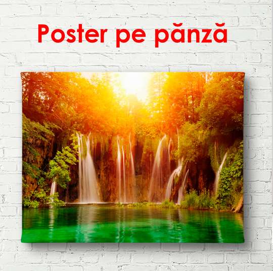 Poster - Cascada frumoasă în lumina soarelui, 90 x 60 см, Poster înrămat