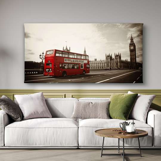 Poster - Fotografia retro a unui autobuz roșu din Londra, 150 x 50 см, Poster înrămat, Vintage