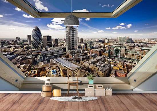 Фотообои - Окно с видом на город и ясное небо
