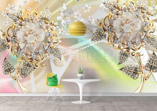 Wall Mural - Flowers from precious stones on a multi-colored background
