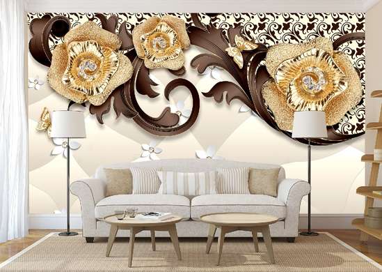 Wall Mural - Golden roses with flowers and butterflies