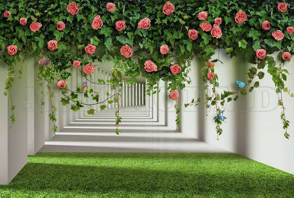 3D Wallpaper - Bush with roses on the background of the tunnel