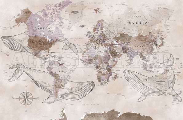 Wall mural - World map with whales in shades of brown beige