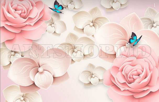 Ширма - Розовые цветы и голубые бабочки, 3