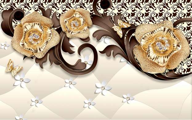 Wall Mural - Golden roses with flowers and butterflies