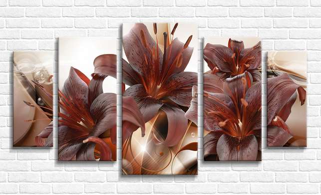Modular picture, Burgundy lilies on an abstract background, 108 х 60