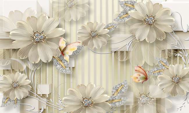 Modular picture, Delicate flowers on a beige background., 198 x 115