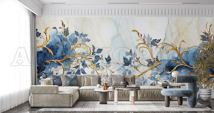 Wall mural - Golden leaves on gray abstract background