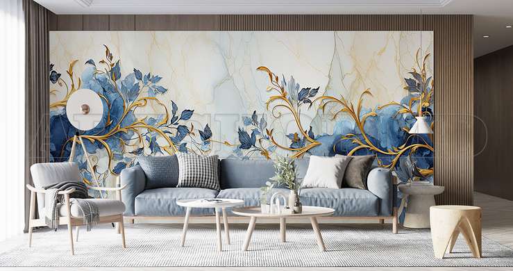 Wall mural - Golden leaves on gray abstract background