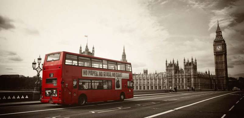 Постер - Ретро фото красным автобусом в Лондоне, 150 x 50 см, Постер в раме