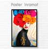 Poster - Lady with colorful flowers, 60 x 90 см, Framed poster on glass, Glamour