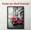 Постер - Красный автомобиль на фоне серого города, 45 x 90 см, Постер в раме, Транспорт