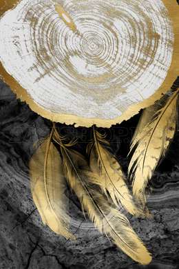 Poster - Golden feathers on a gray background, 60 x 90 см, Framed poster on glass, Abstract