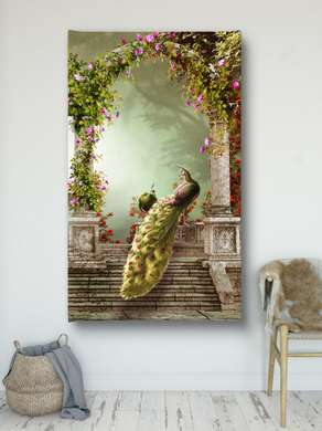 Poster, Peacock in the park, 45 x 90 см, Framed poster on glass, Animals